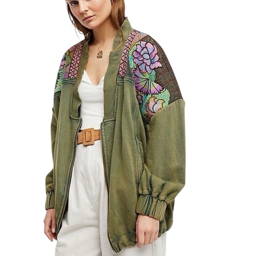 Free People Antigua Cardi Embroidered Bomber Jacket Full Zip XS Oversized Boho